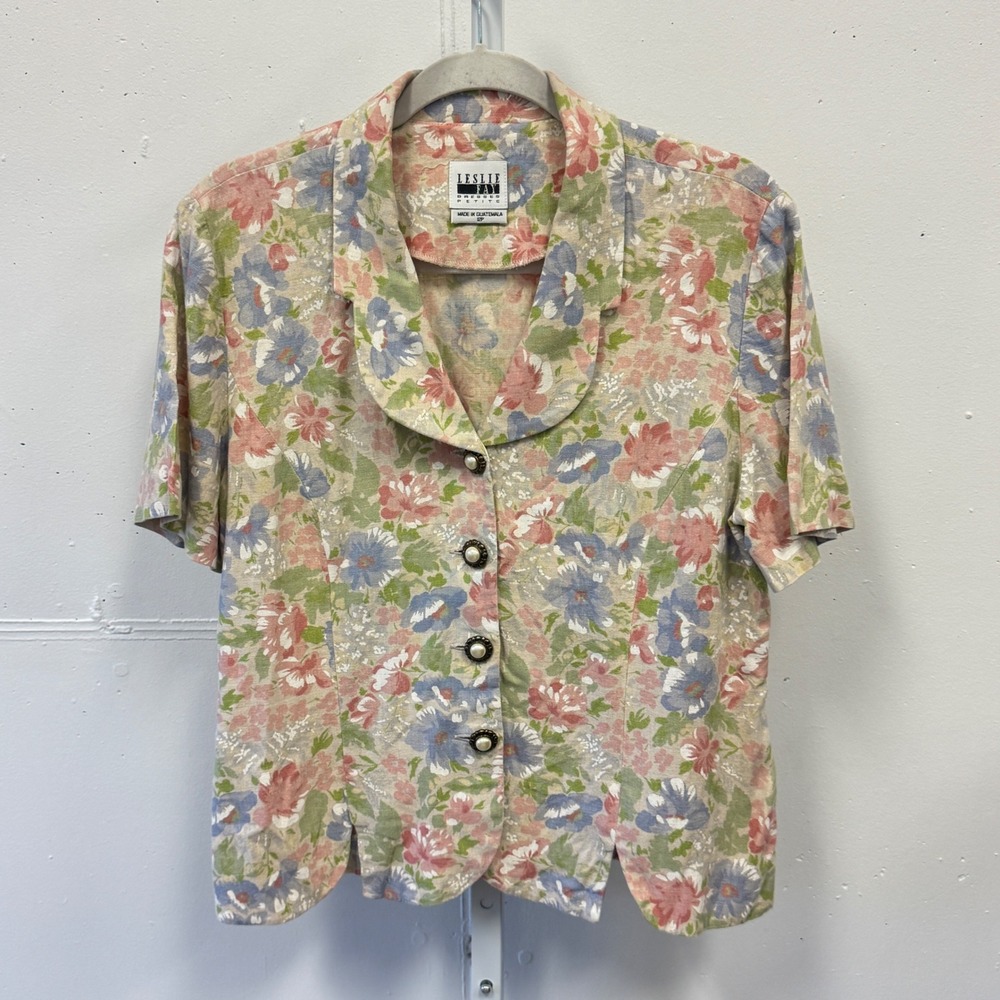 Vintage Leslie Fay Petite Vintage Floral Linen Blend Blazer Top Short Sleeve 12P